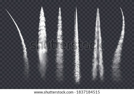 Plane smoke trail, air jet clouds, vector contrail realistic 3d airplane or rocket white lines. Design elements, vapor effect in sky, spray straight and curve tracks isolated on transparent background