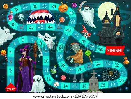 Start to finish board game vector template with cartoon Halloween monsters background. Boardgame, maze or puzzle with map of horror route to haunted house through ghosts, witch, zombie and pumpkin
