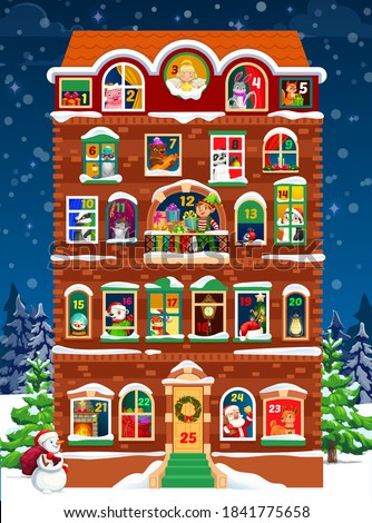 Advent calendar vector template of Christmas house with winter holidays countdown windows. Santa, Xmas tree, snowman and gifts, elf and reindeer with presents, bell, star and fireplace, red hat, angel