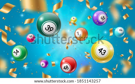 Lottery balls 3d vector bingo, lotto or keno gambling games colourful spheres with lucky numbers of winning combination falling with gold confetti. Gaming leisure activity recreation, lottery raffle