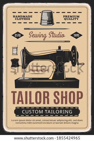 Tailor shop, sewing studio retro vector poster with machine and spool of thread. Handmade clothes, dressmaking atelier, custom tailoring service ad, fashion dress or dressmaker salon vintage card