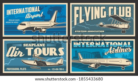 Plane and airport retro banners of vector air travel, flying club and passenger transportation. Airplanes, airline terminal, runway and traffic control towers, vintage seaplane and world map