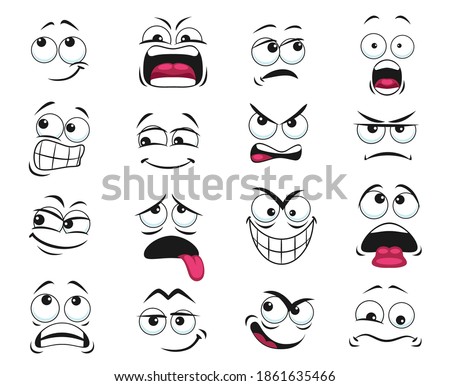 Cartoon face expression isolated vector icons, funny emoji exhausted, yelling and scared, shocked, angry, gloat and sad. Facial feelings, emoticons upset and show tongue. Cute face expressions set