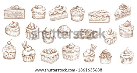 Cakes sketch icons, pastry desserts, bakery sweets, vector hand drawn. Bakery and pastry shop sweet chocolate cakes, patisserie sweet dessert cheesecakes, tiramisu, brownie cupcake and waffles