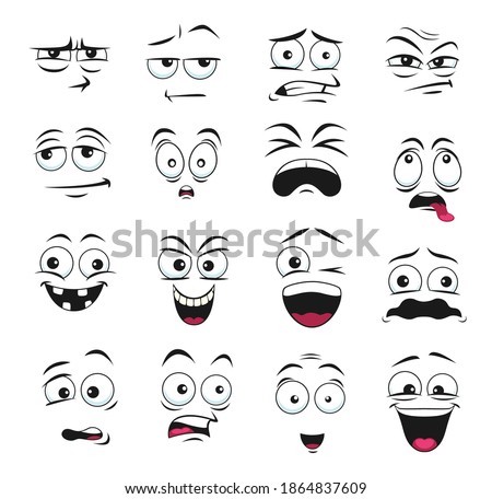 Face expression isolated vector icons, cartoon funny emoji suspicious, scared and shocked, grin, smirk or crazy. Facial feelings smile, laughing and yelling, surprised, toothy and upset emoticons set