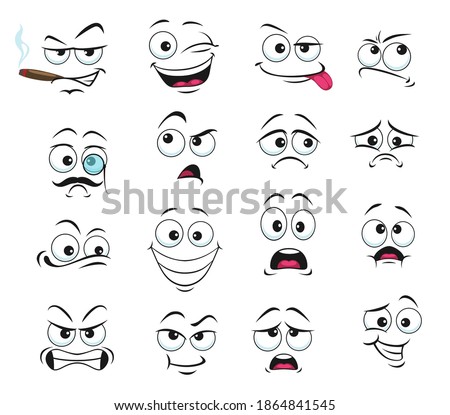 Face expression isolated vector icons, funny cartoon emoji smoking cigar, wink and sad, smiling, confused and wear monocle eyeglass with mustache. Cheerful, angry and show tongue face expressions set