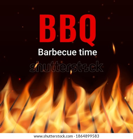 Barbeque charcoal grill grid in fire realistic vector. Flame sparks and particles flying in darkness over metal rods. Barbeque party time, steakhouse and grill restaurant or bbq cafe banner
