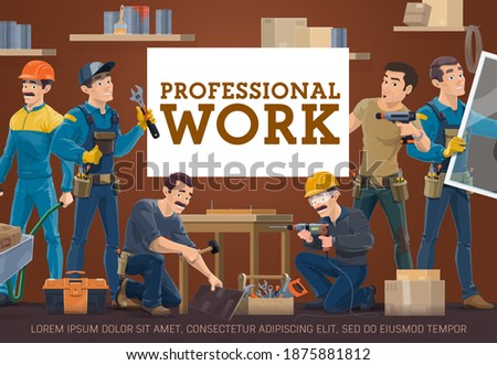 Home repair, house construction professional workers banner. Builder with wheelbarrow, plumber with adjustable spanner, furniture maker, laminate flooring and windows installers vector characters