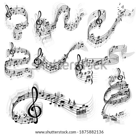 Music notes vector set with swirls and waves of musical staff or stave, treble and bass clefs, sharp and flat tones, rest symbols and bar lines. Sheet music design with musical notation symbols