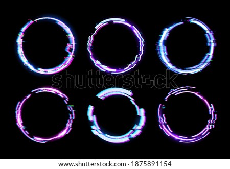 Glitch circle vector frames with neon light borders and digital pixel noise effects on dark TV screen background. Technology theme, futuristic geometric shapes design of music poster or graphic banner