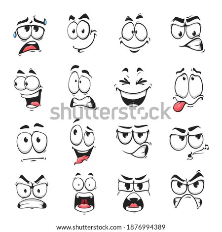 Face expression isolated vector icons, funny cartoon emoji sweating, whistle and yelling, angry, happy or laughing or sad. Facial feelings, emoticons grit teeth, show tongue. Cute face expressions set Foto d'archivio © 