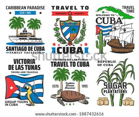 Cuba tourist travel, caribbean paradise family vacation icons. Yacht and royal palm, cuban coat of arms and national flag, macaw parrot, sea turtle, sugarcane and Christopher Columbus ship vector