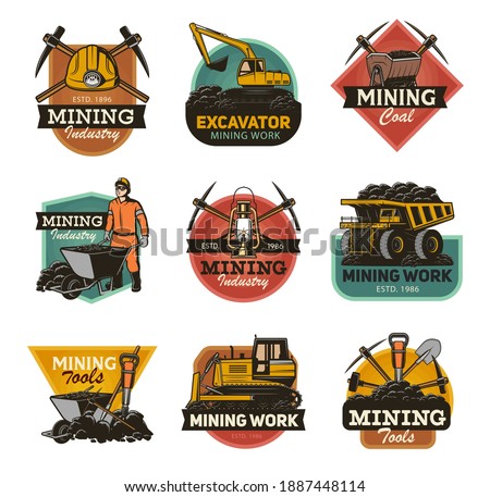 Coal mining industry isolated vector icons set Mine machinery and miner equipment tools. Metal ore, coal, excavator or digger and bulldozer, jackhammer and pickaxe, man in hardhat with wheelbarrow