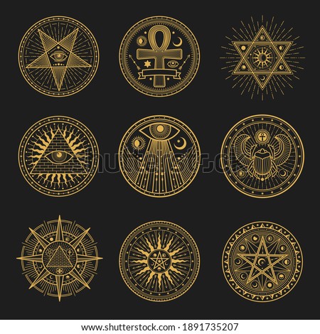 Occult signs, occultism, alchemy and astrology symbols and sacred religion mystic emblems. Vector magic eye, masonry pyramid and scarab, sun and moon in pentagram, egypt ankh esoteric round signs set