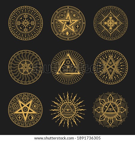 Occult signs, occultism, alchemy and astrology symbols. Vector sacred religion mystic emblems magic eye, masonry pyramid, egyptian ankh cross, sun or moon with rays, pentagrams esoteric icons set