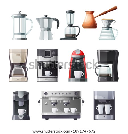 Coffee maker and machine vector icons set. Cartoon coffee pot and espresso machine with cup and mug, french press, drip, pour over and turkish cezve, aeropress, moka pot and single serve machine