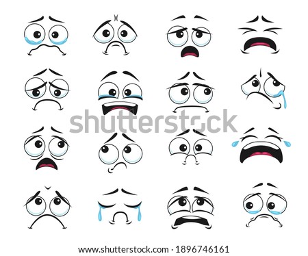 Cartoon faces with crying and weeping expression isolated vector icons, negative emoji scared, sad and upset . Facial feelings with tears and wet eyes, yelling and suffering, sadness emoticons set