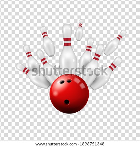 Bowling ball and skittles isolated on transparent background, vector ninepin strike on alley, bowling club sport and leisure entertainment center, realistic 3d red ball and skittle pins strike on lane