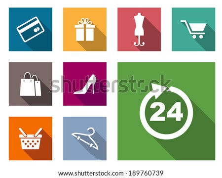 Flat shopping icons on colorful web buttons including a bank card, gift, dressmakers dummy, cart, bags, shoes, basket , hanger and 24 hour sign