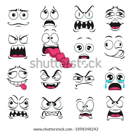 Cartoon face expression isolated vector icons, negative emoji vampire with sharp fangs, evil, scared and shocked, gloat, grin, smirk. Facial feelings yelling, show tongue, crying, upset emoticons set