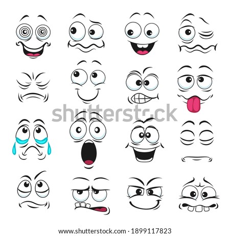 Face expression isolated vector icons, funny cartoon emoji hypnotized, crying and surprised, show teeth and tongue , laughing, smiling and sad. Facial feelings, emoticons upset, happy cute faces set