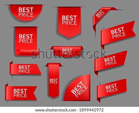 Best price web tag, banner and corners. Sale promotion, shopping discounts offer or store goods price tags templates. Red ribbons, glossy fabric bookmarks, stickers for web page 3d realistic vector
