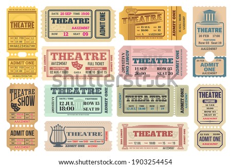 Theatre show, actors performance retro tickets set with comedy and tragedy masks, lira musical instrument and ancient greece columns vector. Theater admission pass, admit one with tear-off perforation