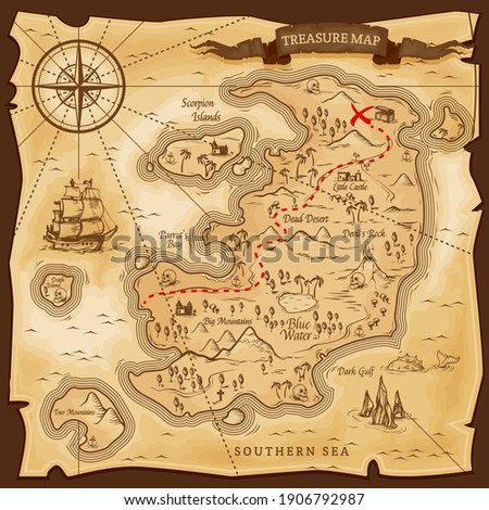 Map treasures paper parchment, pirate treasury, vector nautical travel discovery. Vintage treasure map, ship on skull island, sea adventure, chest with gold treasure X spot, compass and ocean monster