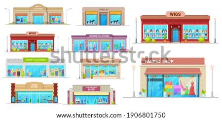 Store and shop buildings isolated vector icons. Cartoon shopping malls exterior front view with glass windows. Jewelry, wigs, sport clothing and fabric, shoes, uniform and hats retail shop buildings