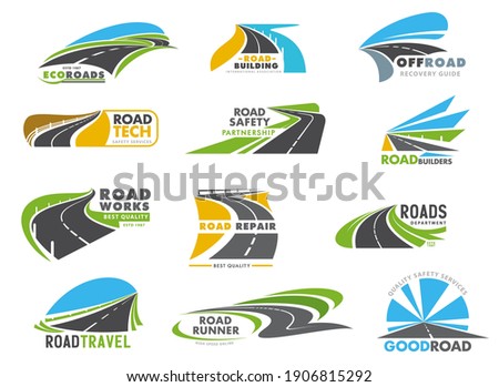 Highway road, driveway and speedway icons set. Road construction, repair works and ravel, freeway safety department and logistics service emblems. Winding roadway, motorway roadside vector