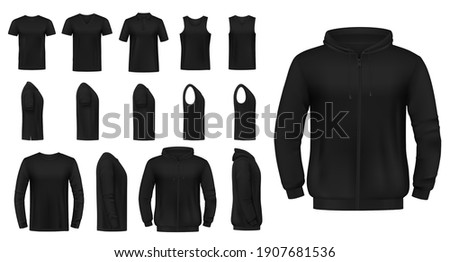 T-shirt, singlet and pullover, hoodie mockup. Black crew and v-neck tee shirts, long and short sleeves pullover and sweatshirt 3d realistic vectors. Mens casual clothing front and side view templates