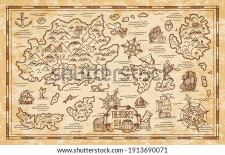 Old treasure map of pirate vector sketch with islands of Caribbean Sea, vintage nautical compass, pirate ships. Anchors, antique parchment, treasure chests and fantasy ocean monsters, adventure design