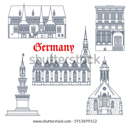 Germany landmarks architecture buildings, travel vector icons of German famous cathedrals. St Jacob church in Einbeck, Marienbrunnen fountain in Braunschweig, Hauptkirche Maria Virgin in Wolfenbuttel