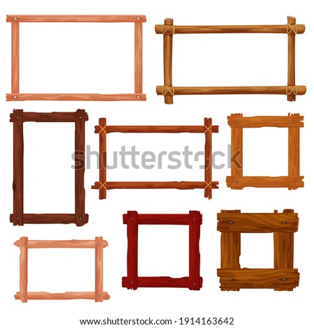 Wooden frames and borders cartoon vector design. Brown wood boards, old planks, tree branches and twigs with ropes and nails, vintage empty frames and borders, interior design themes