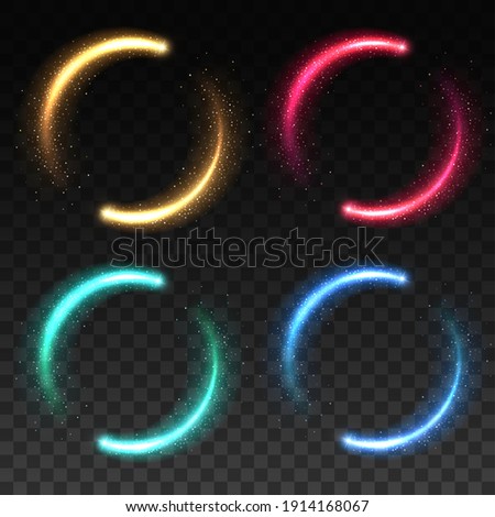Glowing magical light rings, flare color lines. Yellow, green and blue, red sparkles moving in circe with shiny particles and stardust trails, falling star or energy halo realistic vector light effect
