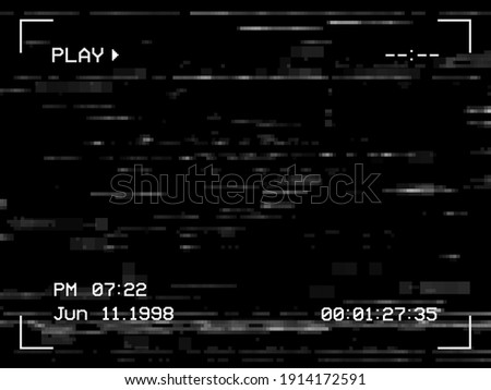 Play noise and glitch TV screen background, VHS tape video effect, vector. White noise on television display or camera viewfinder frame, digital pixel static error, glitch playback cassette distortion