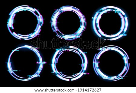 Glitch digital frames, circles with neon light effect, vector TV VHS screen with pixel noise background. Glitch rings on broken dynamic signal, glowing circles of computer or television pixels noise