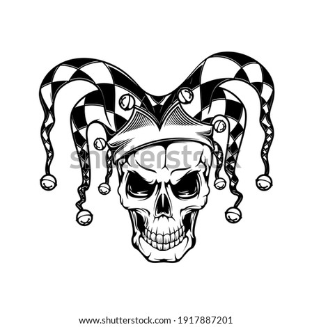Tshirt print with joker skull, vector mascot for apparel design. T shirt print, tattoo monochrome grin cranium in fool checkered headdress with bells, isolated black emblem, label on white background