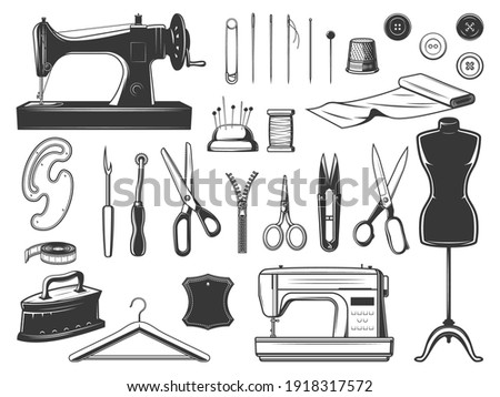 Tailor and seamstress tools, sewing equipment set. Retro and modern sewing machine, tailor and embroidery scissors, thread nipper, pinking shears and tracing wheel, needles and pins, dress form vector