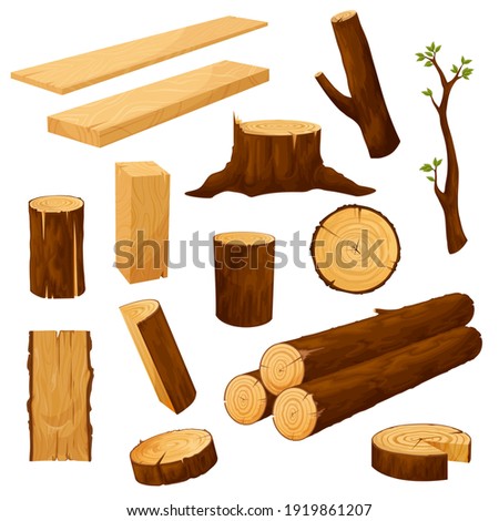 Tree stump, timber materials and wooden logs. Wooden plank, beam and billet, tree branch with leaves and cutted wood piece, firewood chunk cartoon vector. Natural lumber, carpentry materials set Stockfoto © 