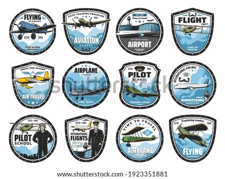 Flying academy, airplane tour and airline flight icons set. Airport dispatching service, pilot training center and air travel emblem or badge. Flying airliner and vintage propeller aircraft vector