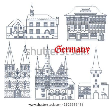 Germany landmarks architecture, buildings and cathedrals of German Saxony cities, vector icons. St Cyriacus church, Duderstadt Westerturm, Gottingen rathaus and Rats Apotheke fachwerk house in Einbeck