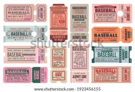Baseball sport game retro tickets templates set. Team competition cup or sport event entrance vintage pass. Baseball championship paper tickets, admit cards separated in two parts with perforation