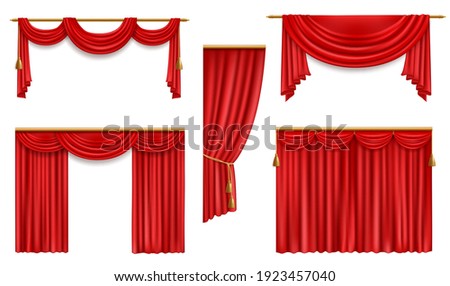 Realistic curtains, 3d vector red folded cloth with gold tassels and pelmet for window or theater stage decoration. Luxury fabric silk or velvet drapery, soft material mockup for interior design set