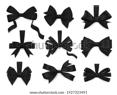 Mourning bows and funeral black ribbons 3d realistic vector set. Four and six loop bows with tale, bowtie of glossy silk or satin. Funeral, memorial ceremony card decor, invitation design element