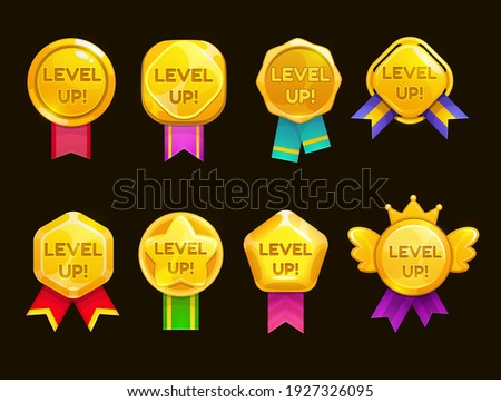 Level up ui game icons, casino bonus vector stars, golden labels with award ribbons. Medal for achievement, development reward, isolated cartoon trophy labels experience level up growth badges set