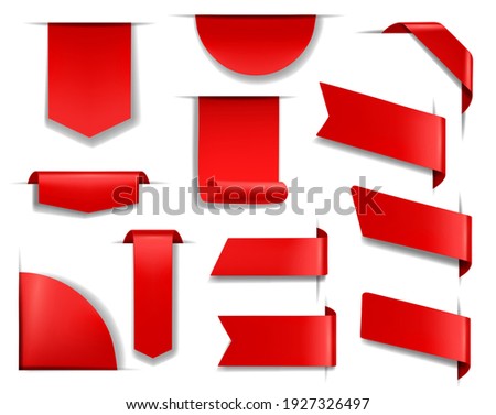 Red banners and labels for web page, sale promotion design element. Blank red bookmarks, paper or fabric badges templates and ribbon flags on page top, side and corner 3d realistic vectors set