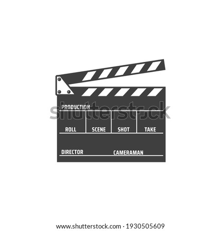 Clapper board isolated film production desk monochrome icon. Vector movie shooting instrument with mention of scene and shot number, director and cameraman. Cinema clapboard, scene and action board