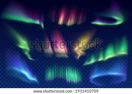 Aurora borealis polar lights set. Glowing in sky different shapes and color northern lights, aurorae natural phenomenon in atmosphere 3d realistic vector. Solar wind shine effect design elements