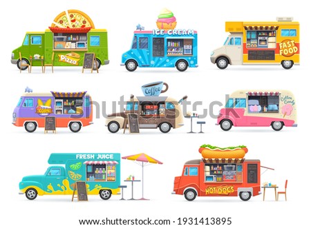 Food trucks isolated vector cars, cartoon vans for street food selling. Cafe restaurant on wheels, transportation with fastfood chalkboard menu, pizza, ice cream, pop corn and coffee or juice trucks